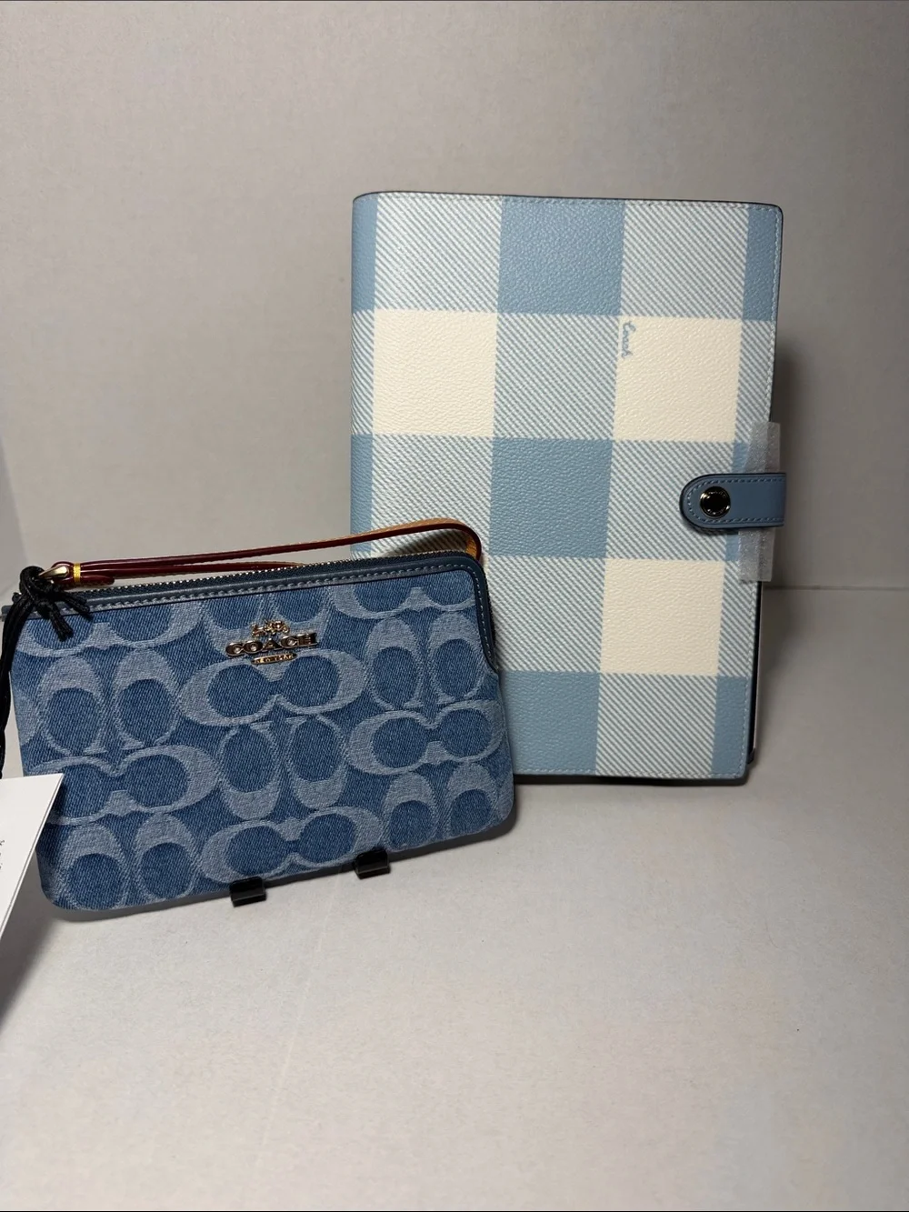 Coach Notebook With Gingham Print Blue Denim Signature Wristlet